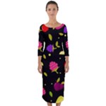 Vector Seamless Summer Fruits Pattern Colorful Cartoon Background Quarter Sleeve Midi Bodycon Dress