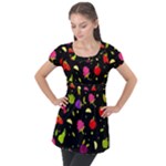 Vector Seamless Summer Fruits Pattern Colorful Cartoon Background Puff Sleeve Tunic Top