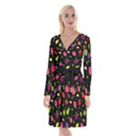 Vector Seamless Summer Fruits Pattern Colorful Cartoon Background Long Sleeve Velvet Front Wrap Dress