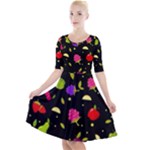Vector Seamless Summer Fruits Pattern Colorful Cartoon Background Quarter Sleeve A-Line Dress