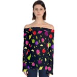 Vector Seamless Summer Fruits Pattern Colorful Cartoon Background Off Shoulder Long Sleeve Top
