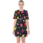 Vector Seamless Summer Fruits Pattern Colorful Cartoon Background Sixties Short Sleeve Mini Dress