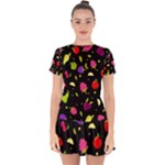 Vector Seamless Summer Fruits Pattern Colorful Cartoon Background Drop Hem Mini Chiffon Dress