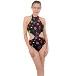 Vector Seamless Summer Fruits Pattern Colorful Cartoon Background Halter Side Cut Swimsuit