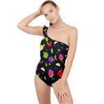 Vector Seamless Summer Fruits Pattern Colorful Cartoon Background Frilly One Shoulder Swimsuit