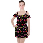 Vector Seamless Summer Fruits Pattern Colorful Cartoon Background Ruffle Cut Out Chiffon Playsuit
