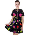 Vector Seamless Summer Fruits Pattern Colorful Cartoon Background Short Sleeve Shoulder Cut Out Dress 