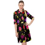 Vector Seamless Summer Fruits Pattern Colorful Cartoon Background Long Sleeve Mini Shirt Dress