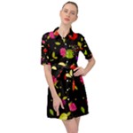 Vector Seamless Summer Fruits Pattern Colorful Cartoon Background Belted Shirt Dress