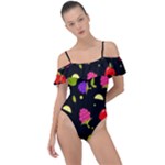 Vector Seamless Summer Fruits Pattern Colorful Cartoon Background Frill Detail One Piece Swimsuit