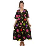 Vector Seamless Summer Fruits Pattern Colorful Cartoon Background Kimono Sleeve Boho Dress