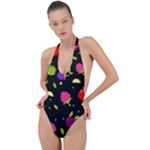 Vector Seamless Summer Fruits Pattern Colorful Cartoon Background Backless Halter One Piece Swimsuit
