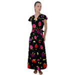 Vector Seamless Summer Fruits Pattern Colorful Cartoon Background Flutter Sleeve Maxi Dress