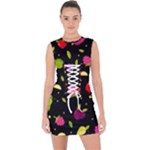 Vector Seamless Summer Fruits Pattern Colorful Cartoon Background Lace Up Front Bodycon Dress