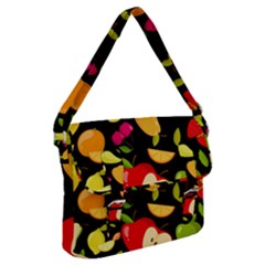 Vector Seamless Summer Fruits Pattern Black Background Buckle Messenger Bag by Vaneshart