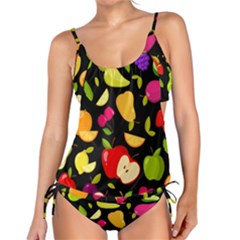 Vector Seamless Summer Fruits Pattern Black Background Tankini Set by Vaneshart