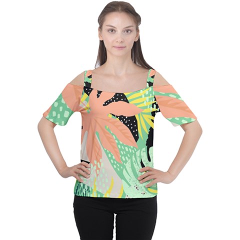 Abstract Seamless Pattern With Tropical Leaves Hand Draw Texture Vector Cutout Shoulder Tee by Vaneshart