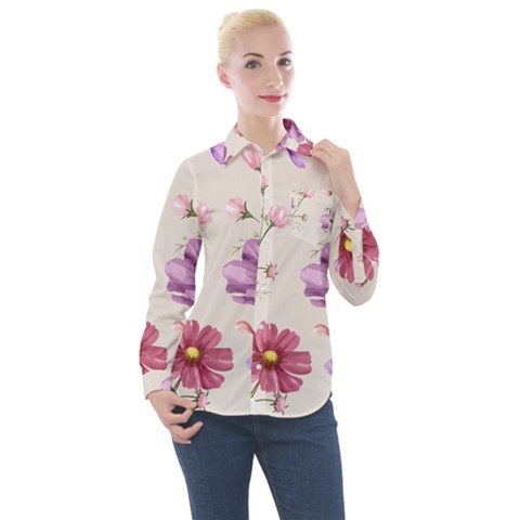 Vector Hand Drawn Cosmos Flower Pattern Women s Long Sleeve Pocket Shirt by Sobalvarro