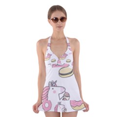 Unicorn Seamless Pattern Background Vector (1) Halter Dress Swimsuit  by Sobalvarro