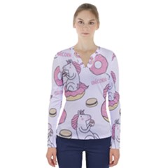 Unicorn Seamless Pattern Background Vector (1) V-neck Long Sleeve Top by Sobalvarro