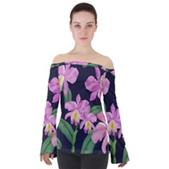 Vector Hand Drawn Orchid Flower Pattern Off Shoulder Long Sleeve Top by Sobalvarro