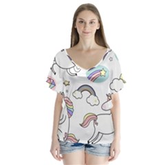 Cute Unicorns With Magical Elements Vector V-neck Flutter Sleeve Top by Sobalvarro