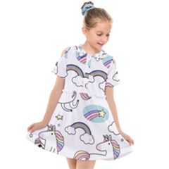 Cute Unicorns With Magical Elements Vector Kids  Short Sleeve Shirt Dress by Sobalvarro