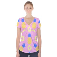 Pop Art Pineapple Seamless Pattern Vector Short Sleeve Front Detail Top by Sobalvarro