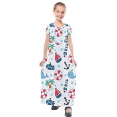 Seamless Pattern Nautical Icons Cartoon Style Kids  Short Sleeve Maxi Dress by Vaneshart