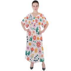 Flat Colorful Flowers Leaves Background V-neck Boho Style Maxi Dress by Vaneshart