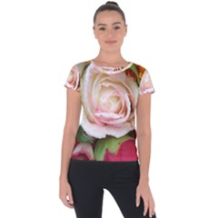 Floral Bouquet Orange Pink Rose Short Sleeve Sports Top  by yoursparklingshop