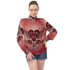 Awesome Heart With Skulls And Wings High Neck Long Sleeve Chiffon Top by FantasyWorld7