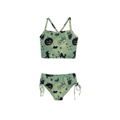 Funny Halloween Pattern With Witch, Cat And Pumpkin Girls  Tankini Swimsuit