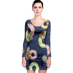 Cute Sloth With Sweet Doughnuts Long Sleeve Bodycon Dress by Sobalvarro