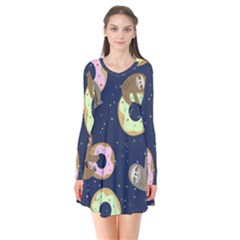 Cute Sloth With Sweet Doughnuts Long Sleeve V-neck Flare Dress by Sobalvarro