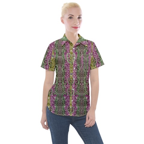 Leaves Contemplative In Pearls Free From Disturbance Women s Short Sleeve Pocket Shirt by pepitasart