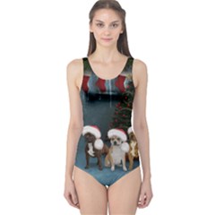 Christmas, Cute Dogs With Christmas Hat One Piece Swimsuit by FantasyWorld7