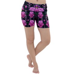 In The Dark Is Rain And Fantasy Flowers Decorative Lightweight Velour Yoga Shorts by pepitasart