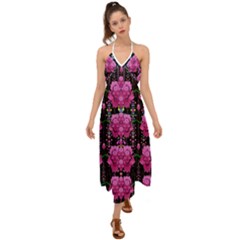 In The Dark Is Rain And Fantasy Flowers Decorative Halter Tie Back Dress 