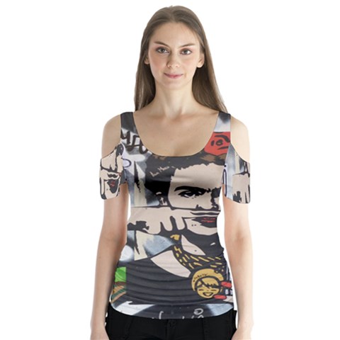 Frida Kahlo Brick Wall Graffiti Urban Art With Grunge Eye And Frog  Butterfly Sleeve Cutout Tee  by snek