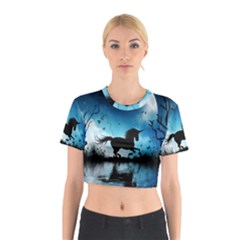 Wonderful Unicorn Silhouette In The Night Cotton Crop Top by FantasyWorld7