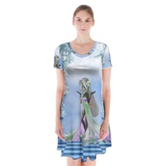 Cute Fairy With Dove Short Sleeve V-neck Flare Dress