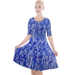 White Flowers On Blue Design Quarter Sleeve A-line Dress by BePrettily