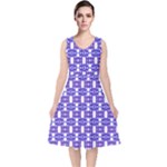 Purple  White  Abstract Pattern V-Neck Midi Sleeveless Dress 