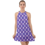 Purple  White  Abstract Pattern Halter Tie Back Chiffon Dress