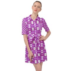 Pink  White  Abstract Pattern Belted Shirt Dress by BrightVibesDesign