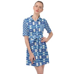 Blue White  Abstract Pattern Belted Shirt Dress by BrightVibesDesign