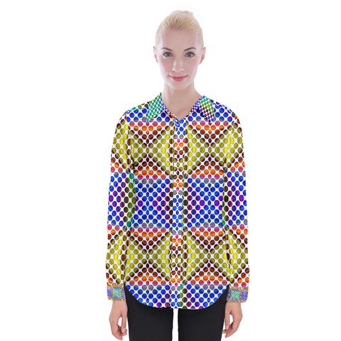 Colorful Circle Abstract White Brown Blue Yellow Womens Long Sleeve Shirt by BrightVibesDesign