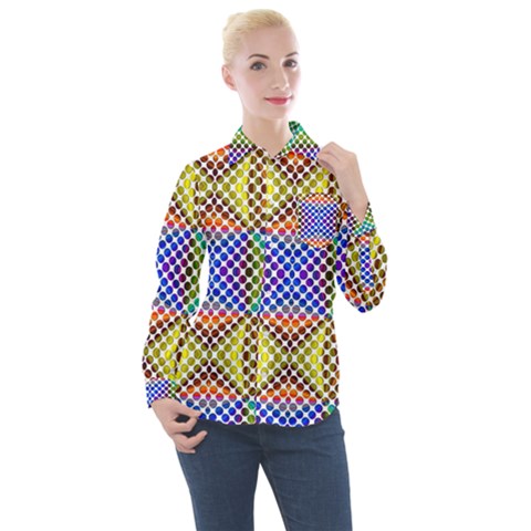 Colorful Circle Abstract White Brown Blue Yellow Women s Long Sleeve Pocket Shirt by BrightVibesDesign