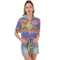 Colorful Circle Abstract White Brown Blue Yellow Tie Front Shirt  by BrightVibesDesign